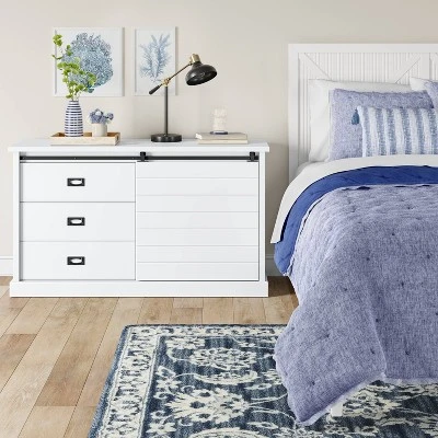 Southwick Farmhouse 3 Drawer/Shelf Dresser With Sliding Barn Door White - Threshold™ 1 Southwick Farmhouse 3 Drawer/Shelf Dresser With Sliding Barn Door White - Threshold™